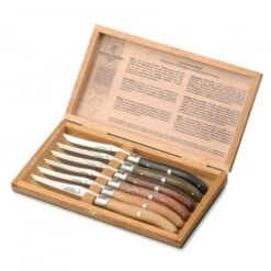 Coffret Chêne 6 Couteaux à Steak Laguiole Mitre Inox Manche Multi Bois