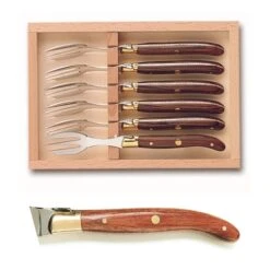 Coffret Hêtre 6 Fourchettes à Gâteaux Mitre Laiton