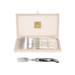 Coffret Hêtre 6 Fourchettes à Steak Laguiole Mitre Inox Manche Corne Noire