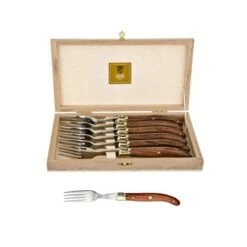 Coffret Hêtre 6 Fourchettes à Steak Laguiole Mitre Laiton