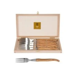 Coffret Hêtre 6 Fourchettes à Steak Laguiole Plein Manche
